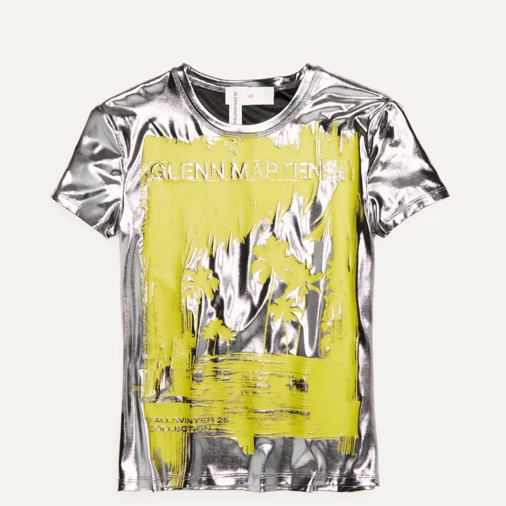 H&M Silver Tee with Neon Yellow Palm Graphic